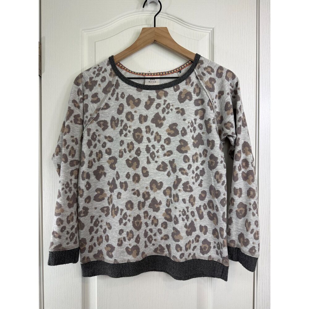 Knox Rose Gray Leopard Print Sweatshirt Womens XS Raglan Long Sleeve Pullover